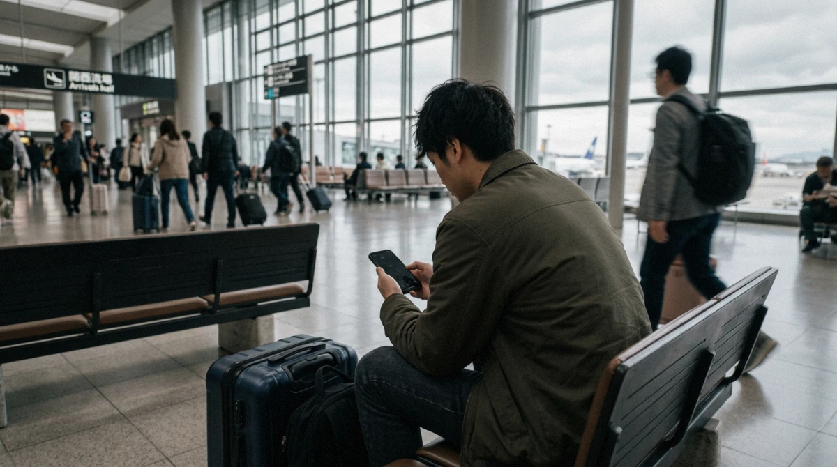 Traveller checking a phone at Kansai Airport arrivals after switching on a Japan eSIM before an Osaka Aquarium visit