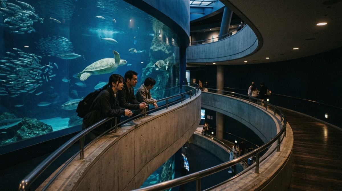 Visitors on the spiral walkway beside a tall blue tank at Osaka Aquarium Kaiyukan, the afternoon stop on the spring nemophila day trip