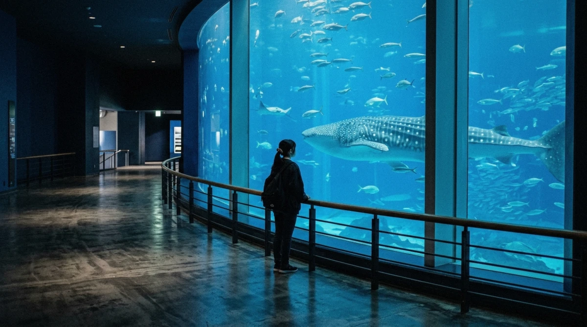 A quiet weekday morning inside Osaka Aquarium with few visitors along the spiral walkway before the crowds arrive