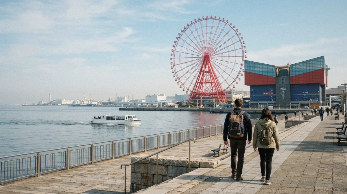 The Osakako Station exit sign and the walkway toward Osaka Aquarium on Osaka Bay, the fastest way to get to Osaka Aquarium