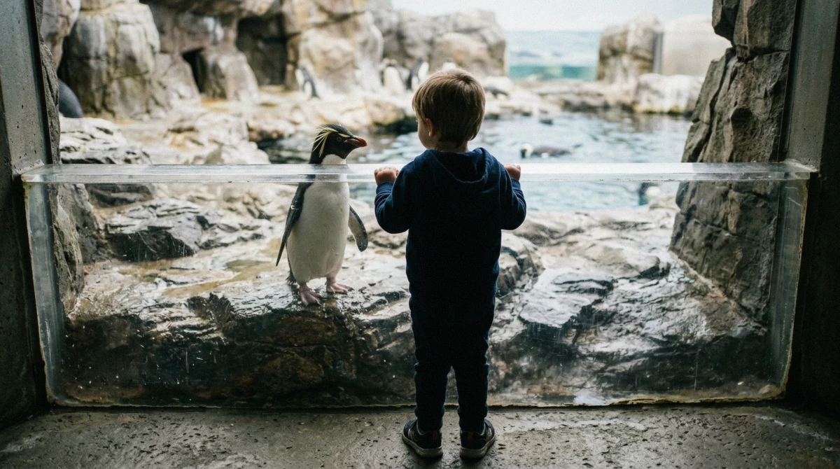 A young child watching penguins at Osaka Aquarium during a family visit built around kids