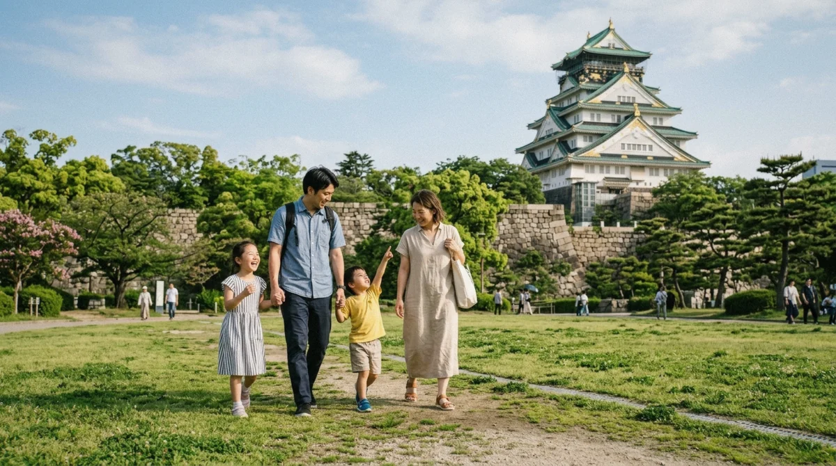 A family of four walking through the park below the keep of Osaka Castle on a sunny day, one of the stops on a private Osaka family day tour that also visits Kaiyukan