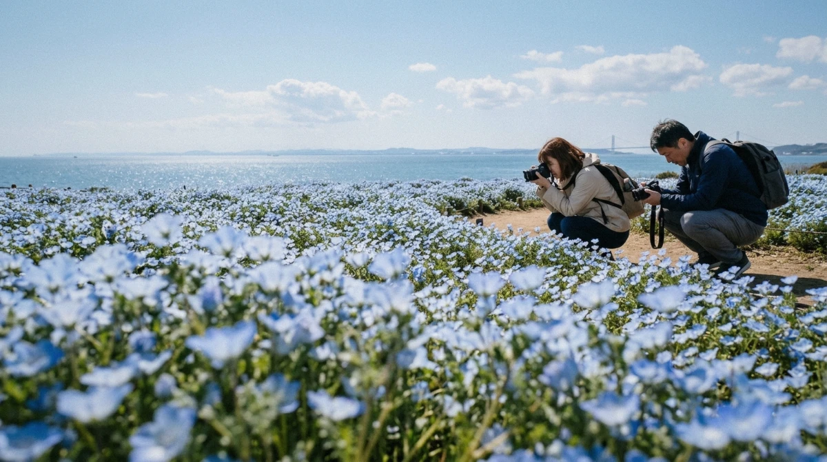 Visitors photographing a field of pale blue nemophila flowers above Osaka Bay on the spring day trip that also visits Osaka Aquarium Kaiyukan