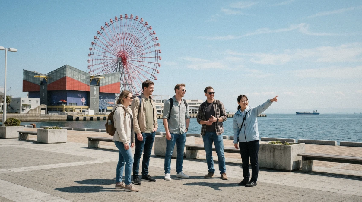 Travelers with a local guide on the Tempozan waterfront beside Osaka Aquarium Kaiyukan and the red Ferris wheel on a bright day