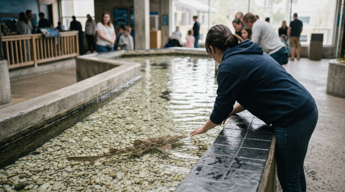 A child gently touching a small shark in the shallow touch pool at Osaka Aquarium under staff supervision