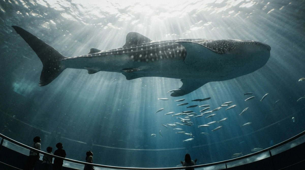 A whale shark gliding overhead in the Pacific Ocean tank, the signature sight for anyone asking what you'll see at Osaka Aquarium